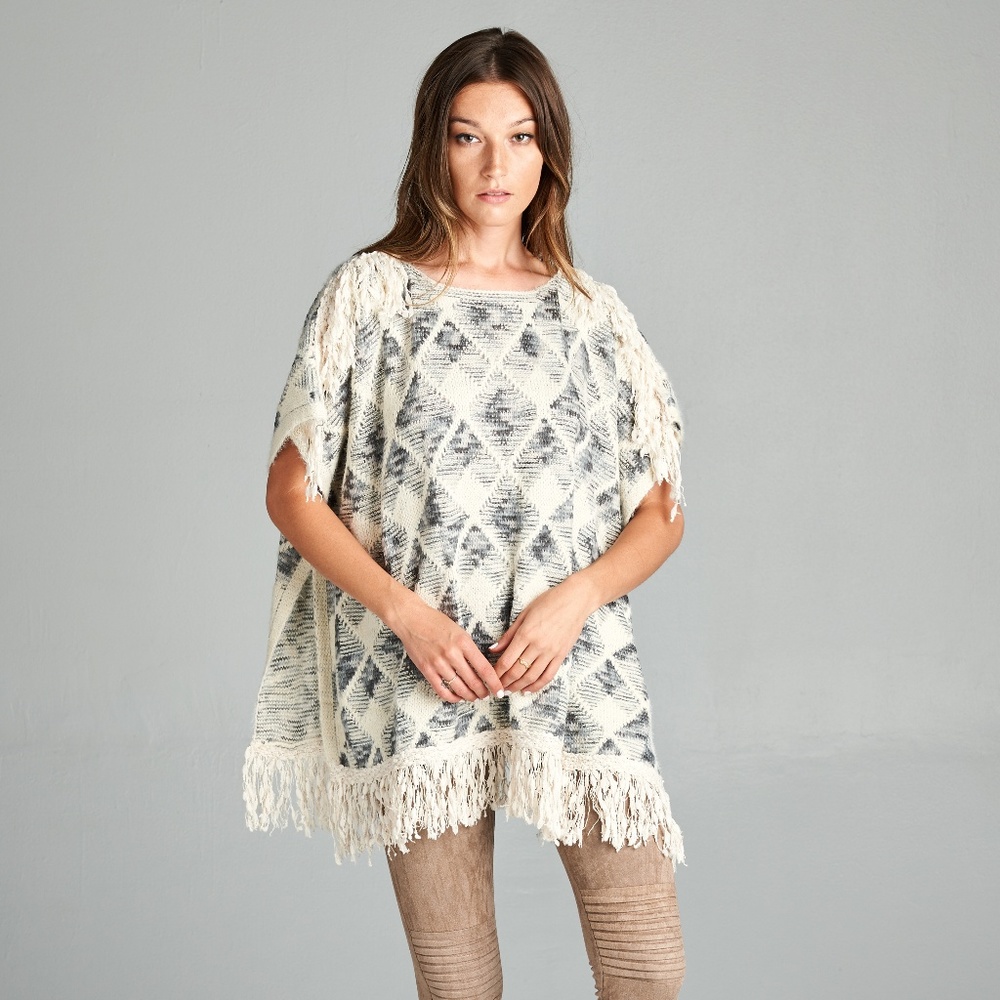 Ivory & Grey Diamond Knit Poncho Sweater